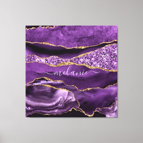 Agate Purple Violet Gold Glitter Geode Custom Name Canvas Print