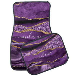 Agate Purple Violet Gold Glitter Geode Custom Name Car Floor Mat