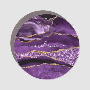 Agate Purple Violet Gold Glitter Geode Custom Name Car Magnet