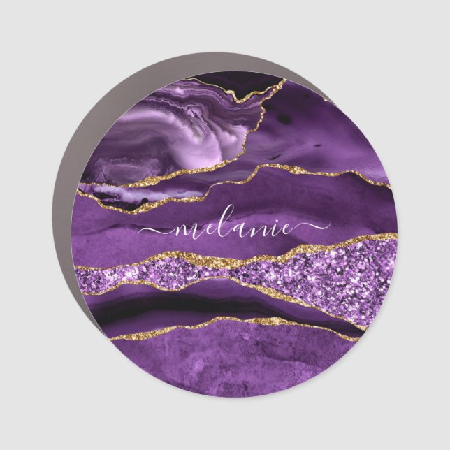 Agate Purple Violet Gold Glitter Geode Custom Name Car Magnet (Front)