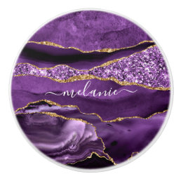 Agate Purple Violet Gold Glitter Geode Custom Name Ceramic Knob