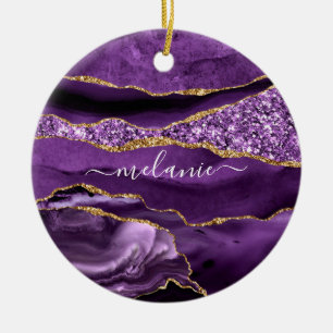 Agate Purple Violet Gold Glitter Geode Custom Name Ceramic Ornament
