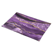 Agate Purple Violet Gold Glitter Geode Custom Name Cloth Placemat