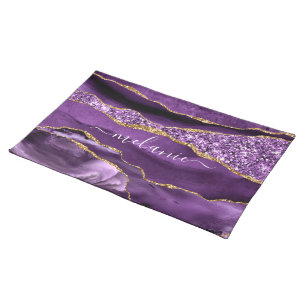 Agate Purple Violet Gold Glitter Geode Custom Name Cloth Placemat