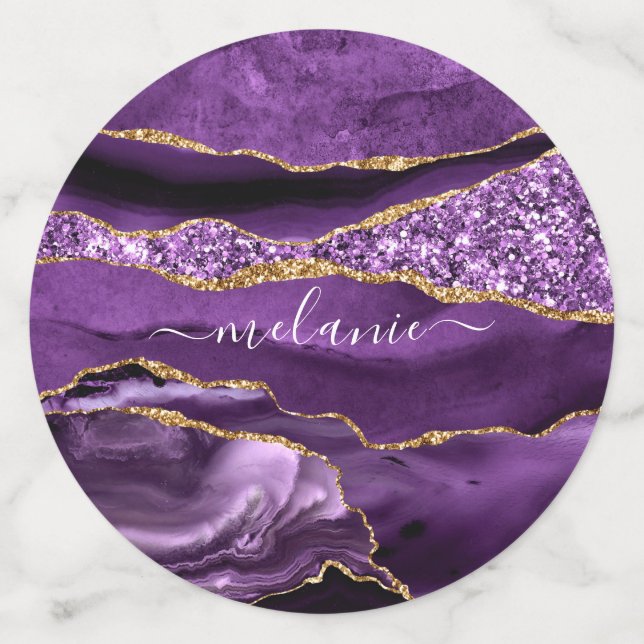 Agate Purple Violet Gold Glitter Geode Custom Name Confetti (Large Back)