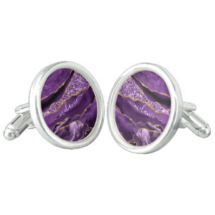 Agate Purple Violet Gold Glitter Geode Custom Name Cufflinks