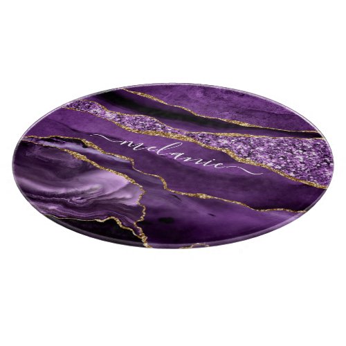 Agate Purple Violet Gold Glitter Geode Custom Name Cutting Board