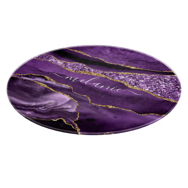 Agate Purple Violet Gold Glitter Geode Custom Name Cutting Board