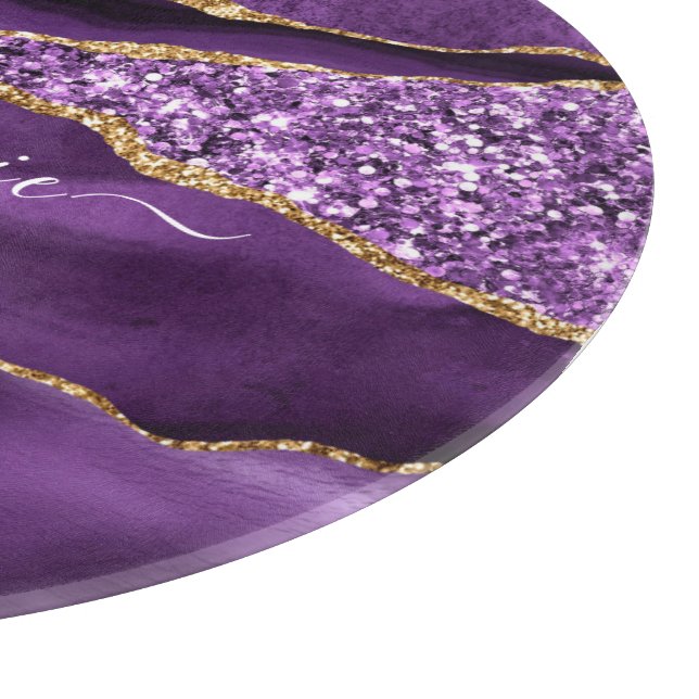 Agate Purple Violet Gold Glitter Geode Custom Name Cutting Board