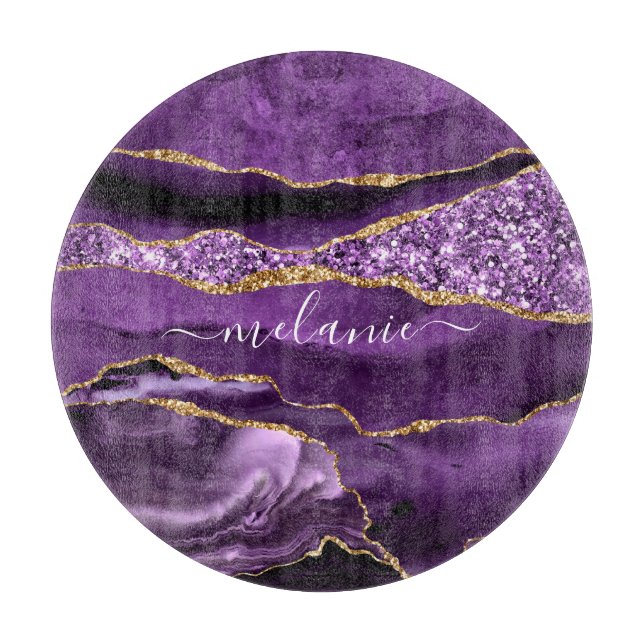 Discover Agate Purple Violet Gold Glitter Geode Custom Name Cutting Board