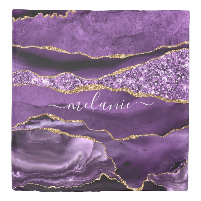 Agate Purple Violet Gold Glitter Geode Custom Name Duvet Cover (Front)