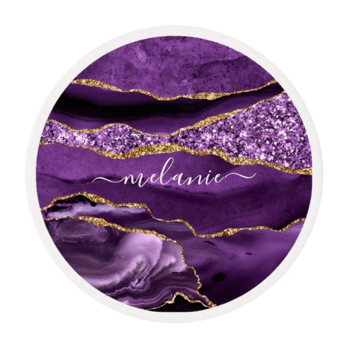 Agate Purple Violet Gold Glitter Geode Custom Name Edible Frosting Rounds