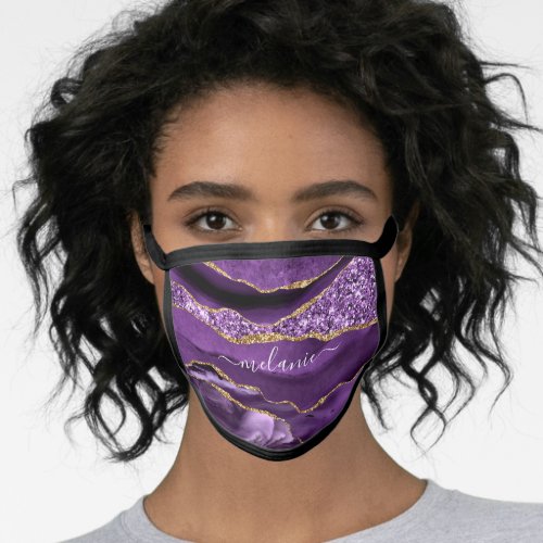 Agate Purple Violet Gold Glitter Geode Custom Name Face Mask