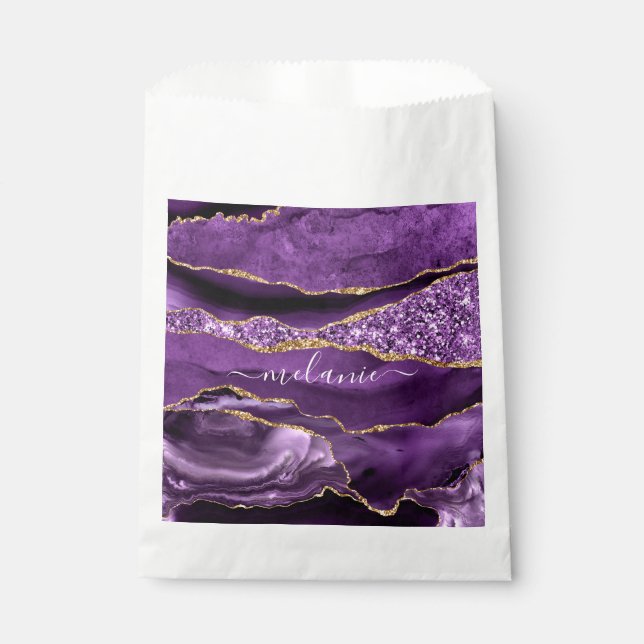 Agate Purple Violet Gold Glitter Geode Custom Name Favor Bag (Front)