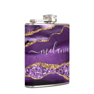 Agate Purple Violet Gold Glitter Geode Custom Name Flask