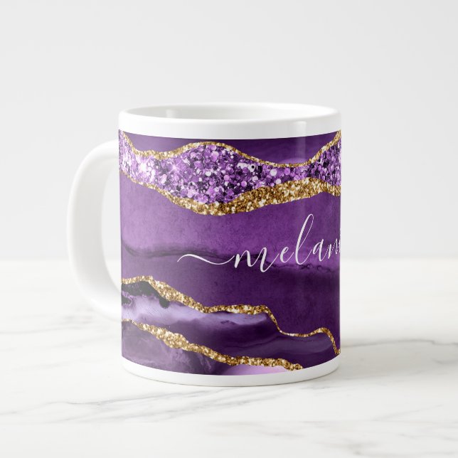 Agate Purple Violet Gold Glitter Geode Custom Name Giant Coffee Mug (Front Left)