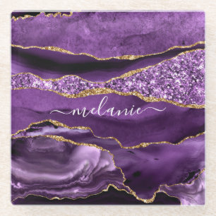 Agate Purple Violet Gold Glitter Geode Custom Name Glass Coaster