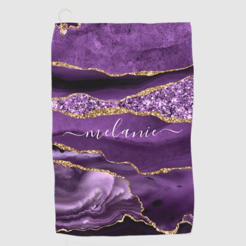 Agate Purple Violet Gold Glitter Geode Custom Name Golf Towel