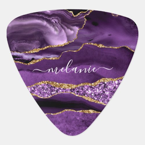 Agate Purple Violet Gold Glitter Geode Custom Name Guitar Pick