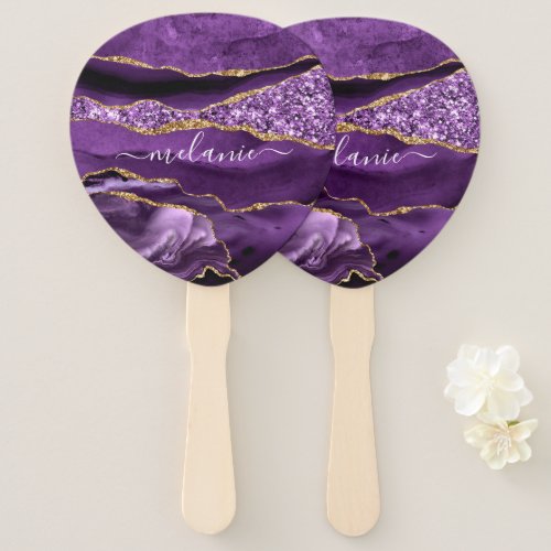 Agate Purple Violet Gold Glitter Geode Custom Name Hand Fan