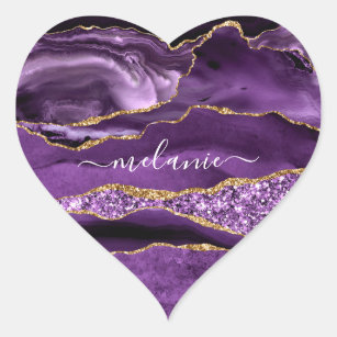 Agate Purple Violet Gold Glitter Geode Custom Name Heart Sticker