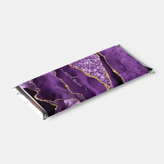 Agate Purple Violet Gold Glitter Geode Custom Name Hershey Bar Favors (Angled)
