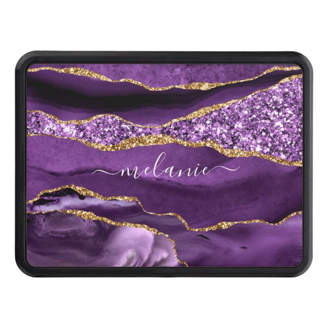 Agate Purple Violet Gold Glitter Geode Custom Name Hitch Cover (Front)