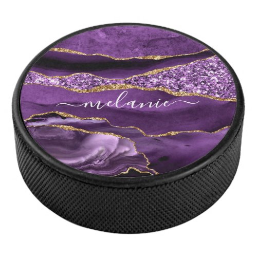 Agate Purple Violet Gold Glitter Geode Custom Name Hockey Puck