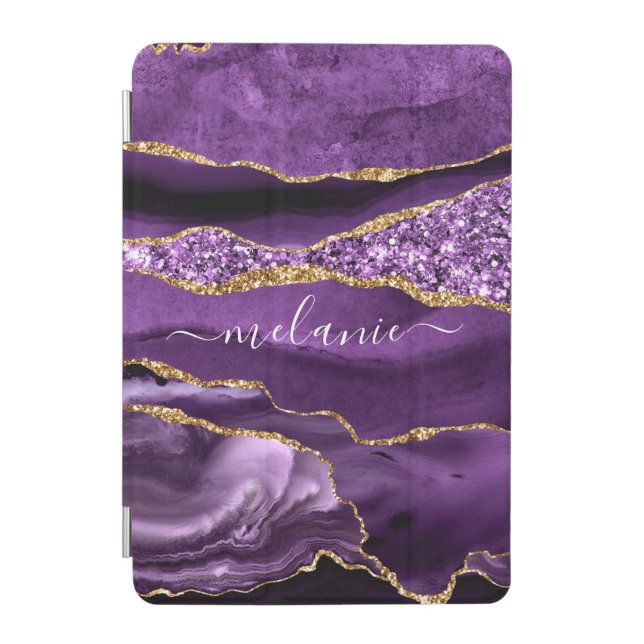 Agate Purple Violet Gold Glitter Geode Custom Name iPad Mini Cover (Front)