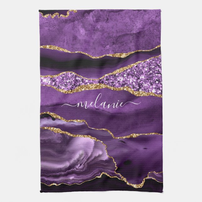 Agate Purple Violet Gold Glitter Geode Custom Name Kitchen Towel (Vertical)