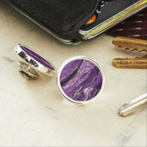 Agate Purple Violet Gold Glitter Geode Custom Name Lapel Pin