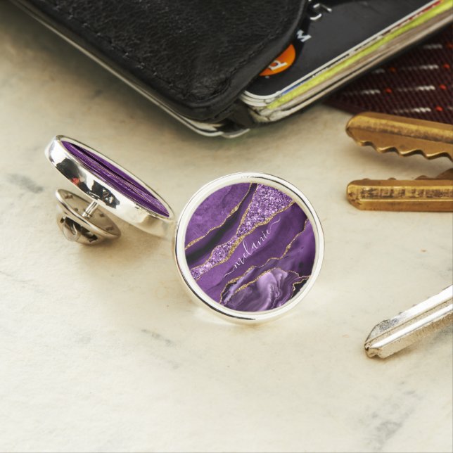 Agate Purple Violet Gold Glitter Geode Custom Name Lapel Pin (In Situ)