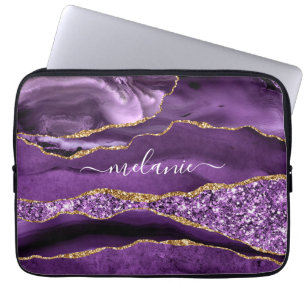 Agate Purple Violet Gold Glitter Geode Custom Name Laptop Sleeve