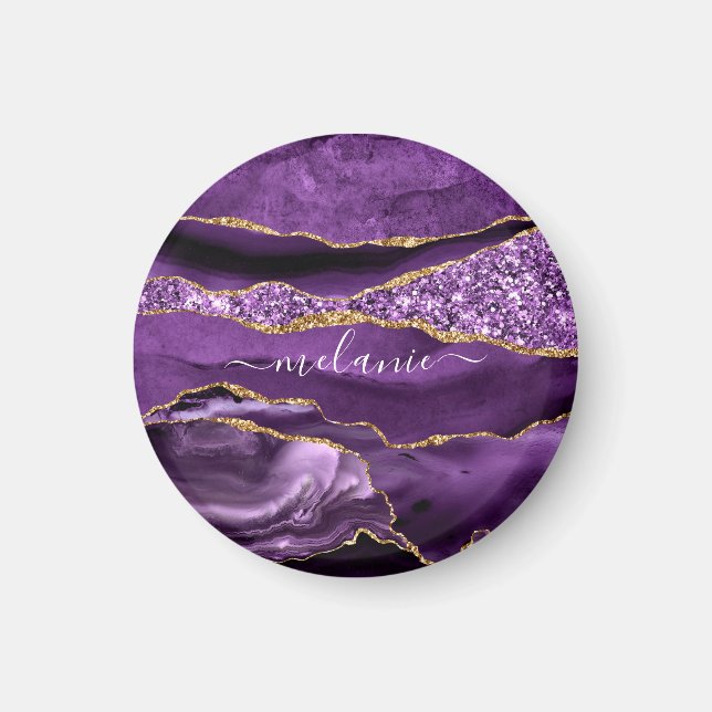Agate Purple Violet Gold Glitter Geode Custom Name Magnet (Front)