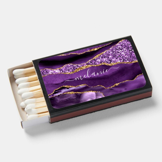 Agate Purple Violet Gold Glitter Geode Custom Name Matchboxes (Front Open)
