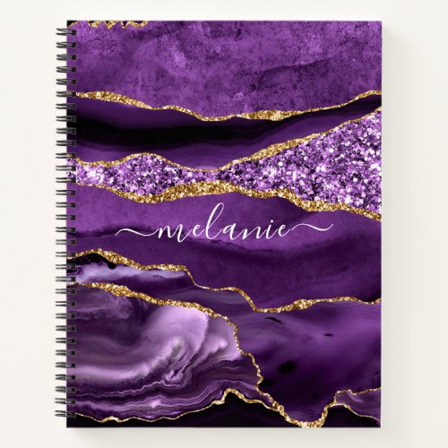 Agate Purple Violet Gold Glitter Geode Custom Name Notebook