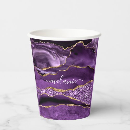 Agate Purple Violet Gold Glitter Geode Custom Name Paper Cups