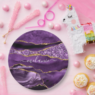 Agate Purple Violet Gold Glitter Geode Custom Name Paper Plates