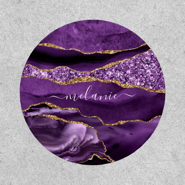 Agate Purple Violet Gold Glitter Geode Custom Name Patch (Front)