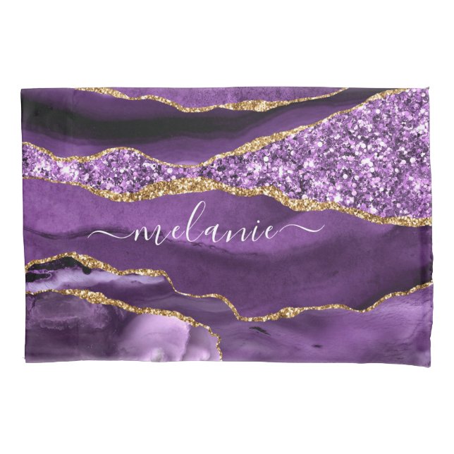 Agate Purple Violet Gold Glitter Geode Custom Name Pillow Case (Front)