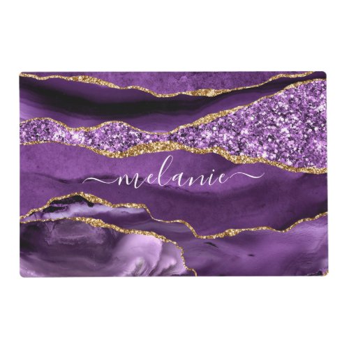 Agate Purple Violet Gold Glitter Geode Custom Name Placemat