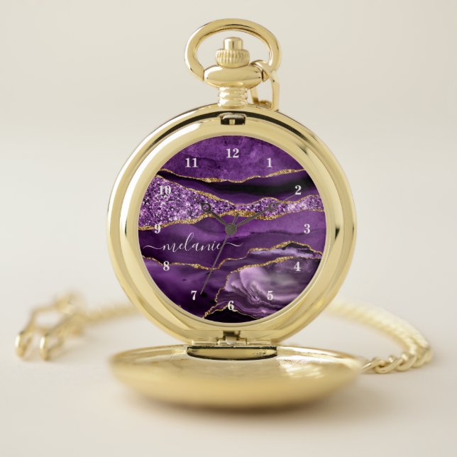 Agate Purple Violet Gold Glitter Geode Custom Name Pocket Watch (Inside)