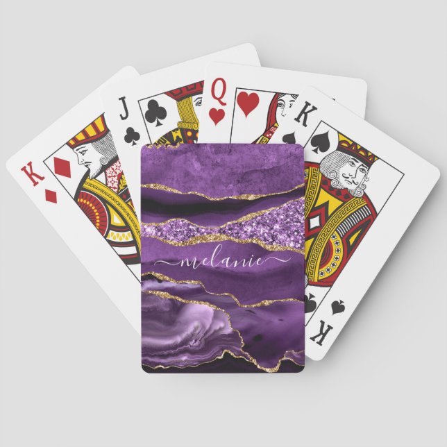 Agate Purple Violet Gold Glitter Geode Custom Name Poker Cards (Back)