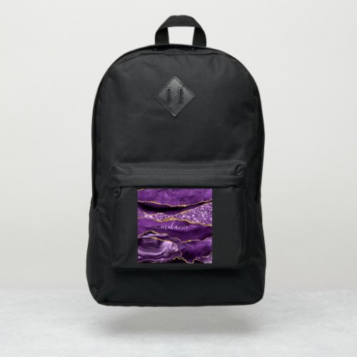 Agate Purple Violet Gold Glitter Geode Custom Name Port Authority Backpack