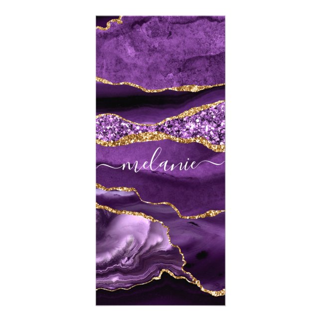 Agate Purple Violet Gold Glitter Geode Custom Name Rack Card (Front)