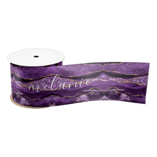 Agate Purple Violet Gold Glitter Geode Custom Name Satin Ribbon