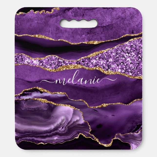 Agate Purple Violet Gold Glitter Geode Custom Name Seat Cushion (Front Vertical)