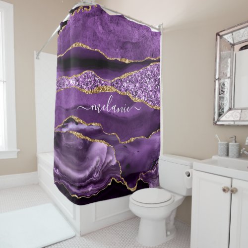 Agate Purple Violet Gold Glitter Geode Custom Name Shower Curtain