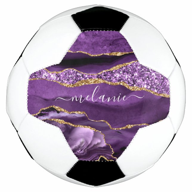 Agate Purple Violet Gold Glitter Geode Custom Name Soccer Ball (Front)
