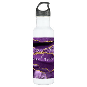 Agate Purple Violet Gold Glitter Geode Custom Name Stainless Steel Water Bottle